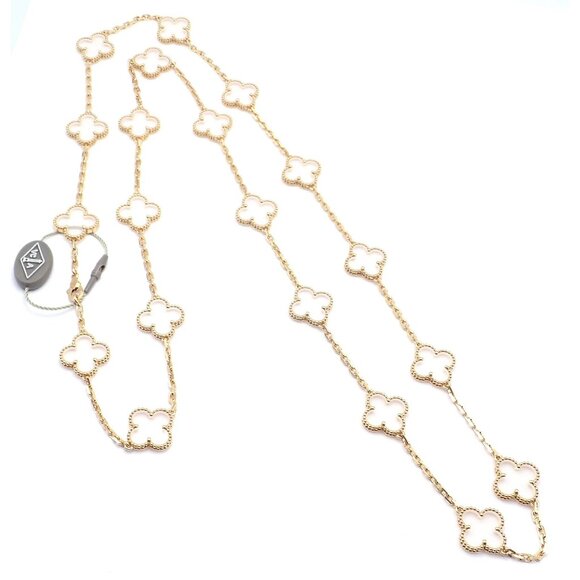 Van Cleef & Arpels 18k Yellow Gold 20 Motif Alhambra Rock Crystal Necklace Cert - Picture 3 of 13